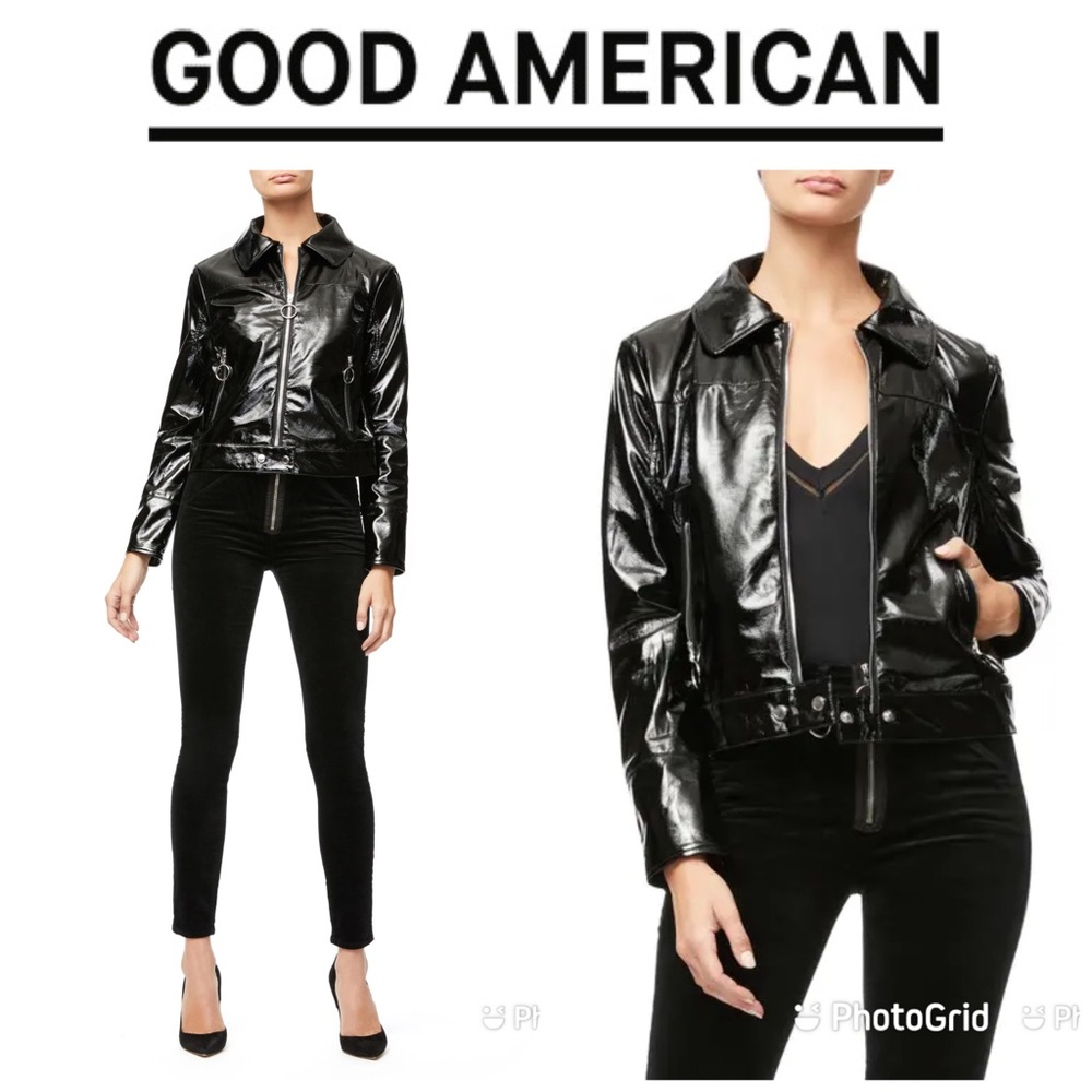 GOOD AMERICAN Jacket Women's 2 Black Patent Biker $225 NWT!